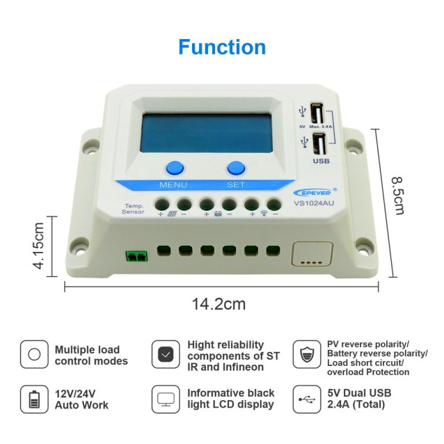 VS1024AU PWM ΡΥΘΜΙΣΤΗΣ ΦΟΡΤΙΣΗΣ EPSOLAR / EPEVER 10Α 12/24V