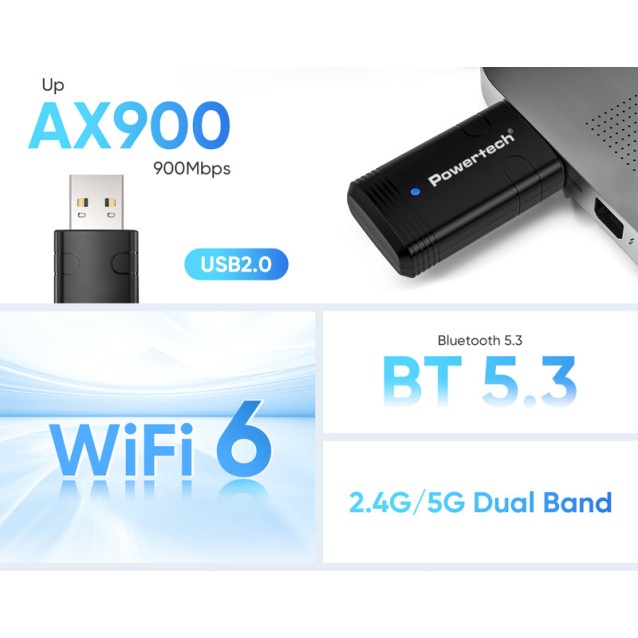 POWERTECH ασύρματος USB αντάπτορας δικτύου PT-1387, 900Mbps WiFi 6, Bluetooth 5.3