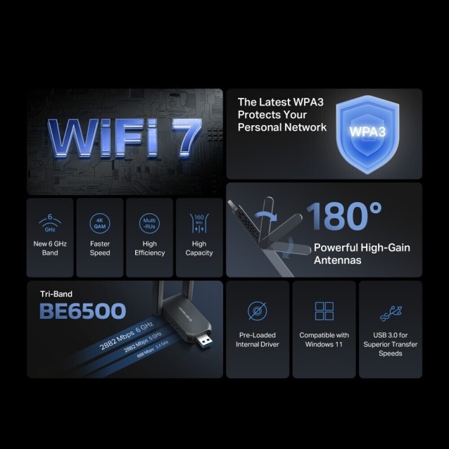 MERCUSYS MA37BEH BE6500 BE6500 Wi-Fi 7 High-Gain Wireless USB Adapter