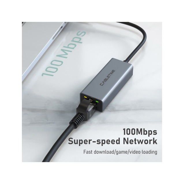 CABLETIME αντάπτορας USB 2.0 σε RJ45 AML100, 100Mbps, 0.15m, γκρι