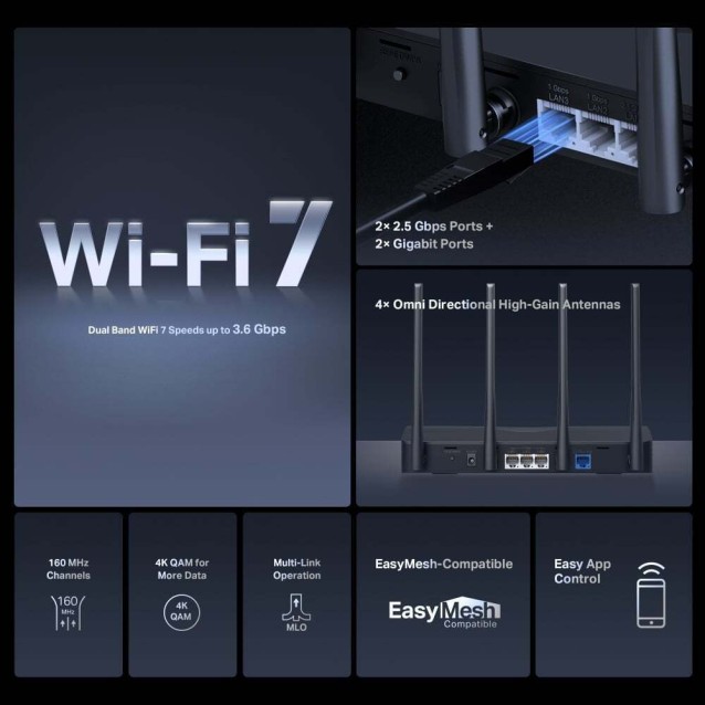MERCUSYS router MR27BE, WiFi 7, 3.6Gbps BE3600, EasyMesh, Ver 1.20
