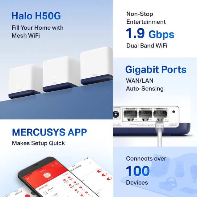 MERCUSYS HALO H50G (3-PACK) AC1900 Whole Home Mesh Wi-Fi System