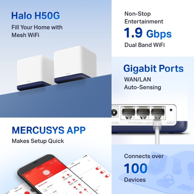 MERCUSYS HALO H50G (2-PACK) AC1900 Whole Home Mesh Wi-Fi System