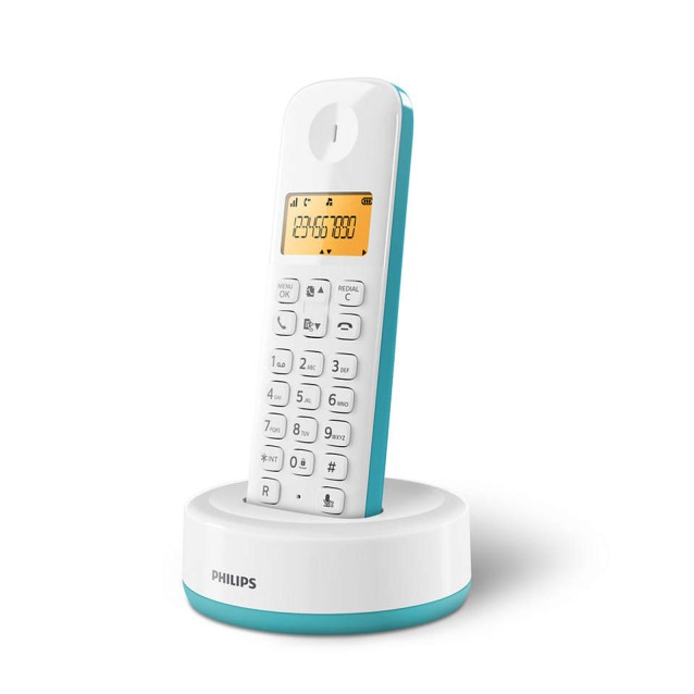 PHILIPS ασύρματο τηλέφωνο D1601T-34, με ελληνικό μενού, λευκό-πράσινο