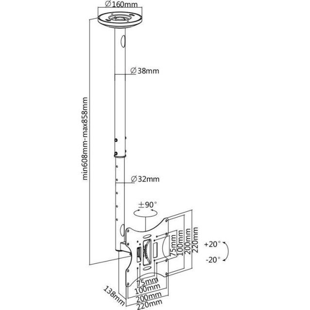 BRATECK βάση οροφής LCD-504A για τηλεόραση 23-42", έως 30kg
