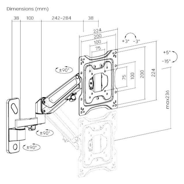 BRATECK επιτοίχια βάση LDA33-222 για τηλεόραση 23-43" έως 23kg, full motion