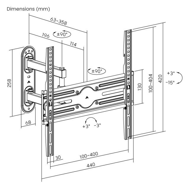 POWERTECH επιτοίχια βάση PT-1388 για τηλεόραση 32-65", full motion, 35kg