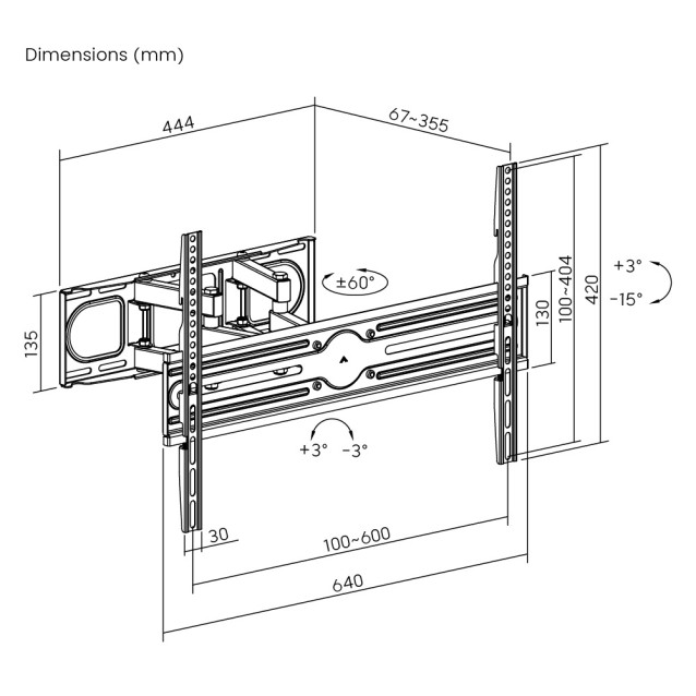 POWERTECH επιτοίχια βάση PT-1389 για τηλεόραση 37-80", full motion, 40kg