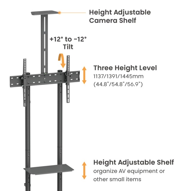 BRATECK βάση τηλεόρασης δαπέδου T1042T, 37-70", έως 45kg, με ράφια & ροδάκια