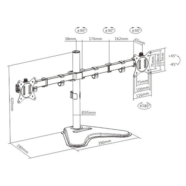 BRATECK βάση γραφείου για 2x οθόνες LDT66-T024, 17-32", έως 9kg