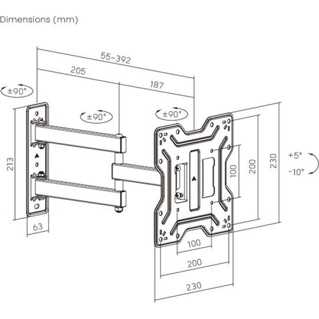 POWERTECH επιτοίχια βάση τηλεόρασης PT-1556, 23-43", έως 30kg, full motion