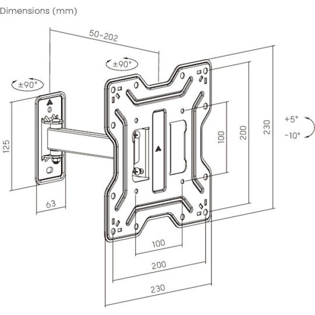 POWERTECH επιτοίχια βάση τηλεόρασης PT-1555, 23-43", έως 30kg, full motion