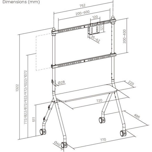 BRATECK βάση τηλεόρασης δαπέδου FS66-46F-01, 37-86", έως 80kg, με ράφι & ροδάκια