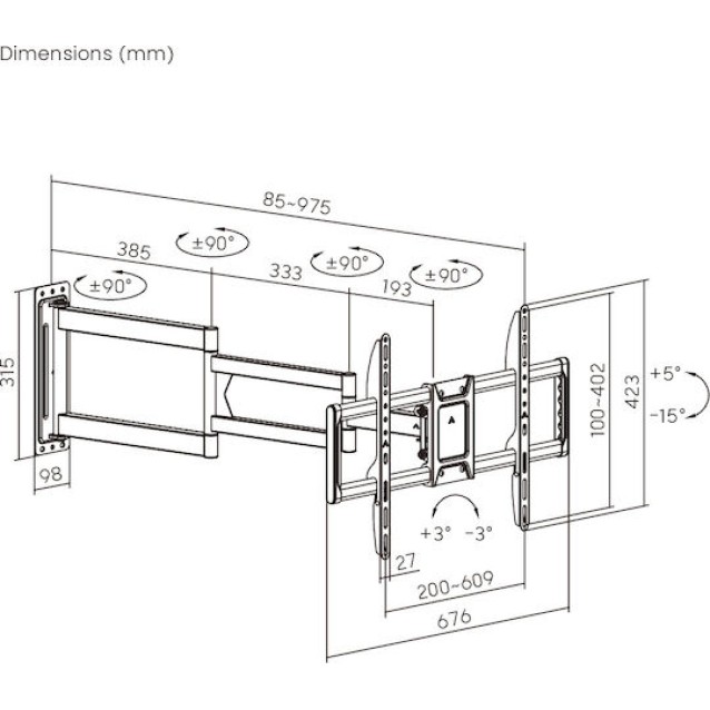 BRATECK επιτοίχια βάση τηλεόρασης LPA95-465XL, 37-86", έως 50kg, full motion