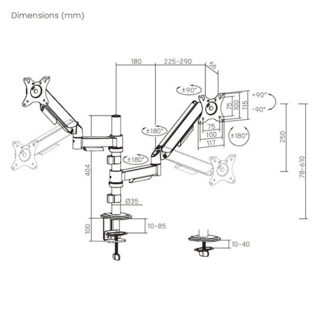 POWERTECH βάση γραφείου για 2x οθόνες PT-1628, 17-32", έως 9kg