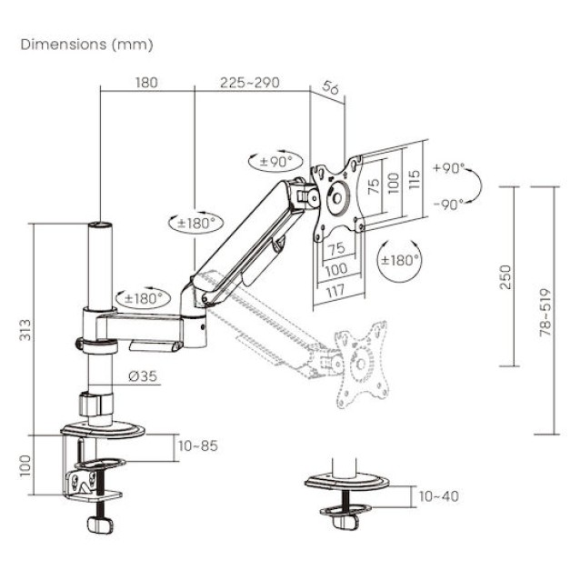 POWERTECH βάση γραφείου οθόνης PT-1627, 17-32", έως 9kg