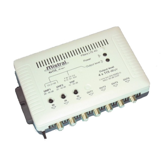 MISTRAL 4Χ115 5G Ενισχυτής Κεντρικής Κεραίας Στα 40dB Με 4 Εξόδους & Φίλτρο 5G (0244)