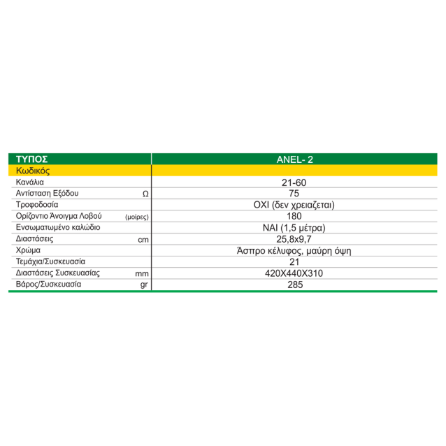 Matel Electronics Anel 3 Εσωτερική Κεραία Τηλεόρασης (δεν απαιτεί τροφοδοσία) σε Λευκό Χρώμα Σύνδεση με Ομοαξονικό Καλώδιο