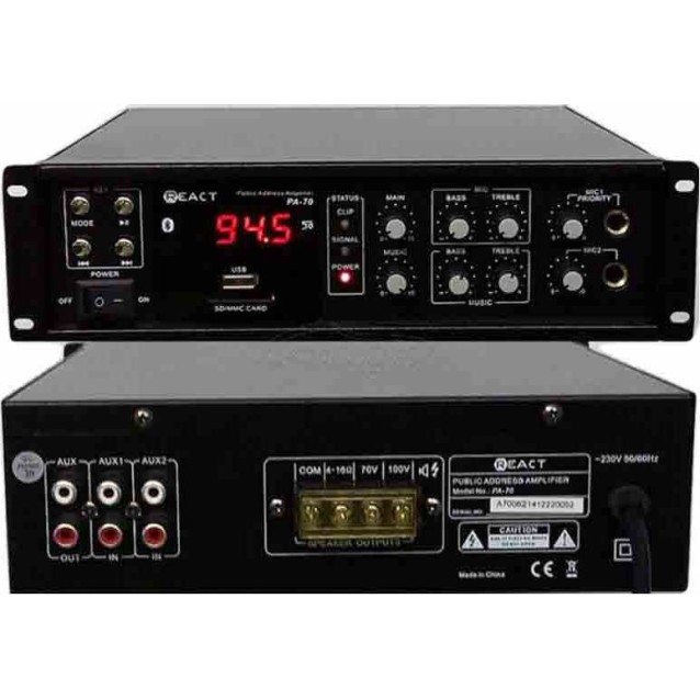React PA-70 Ραδιοενισχυτής Ήχου Mono 60W RMS 4-16Ω 70V/100V FM/USB/2xMIC/2xAUX Μαύρος