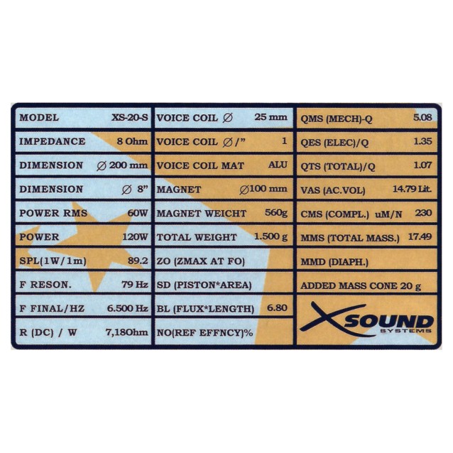 XS-20-SONO Woofer 8'' Ιδανικό Για Επαγγελματικά Ηχεία Ισχύος 60 Watt RMS (Τεμάχιο)