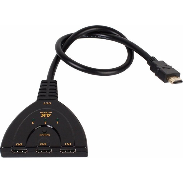 POWERTECH HDMI Switch CAB-H077, 3 σε 1, 4K, 0.50m, μαύρο
