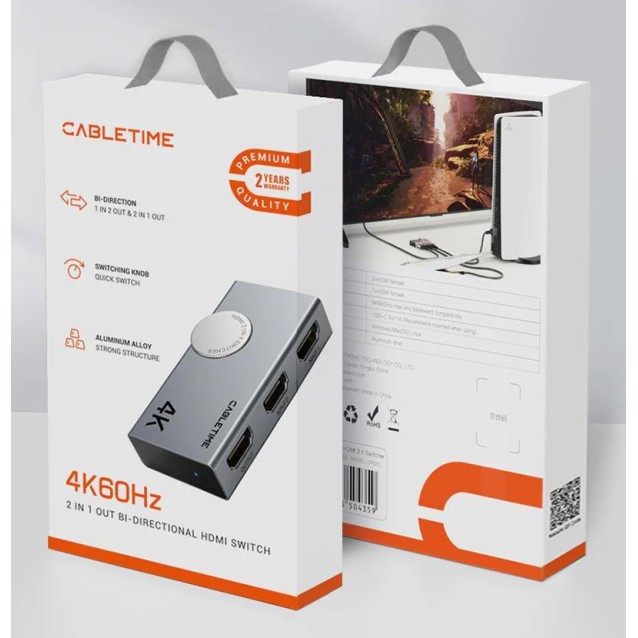 CABLETIME HDMI switch CT-HS4K-AG, 2 σε 1, 4K/60Hz, bi-directional, γκρι
