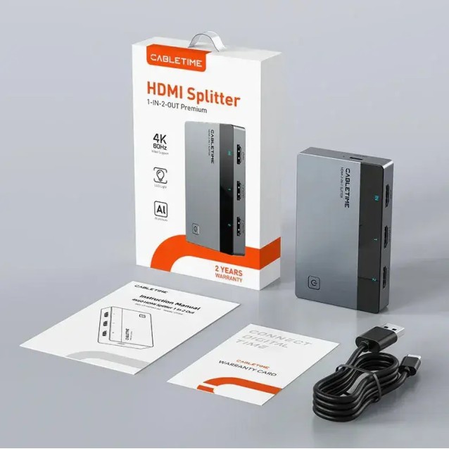 CABLETIME HDMI splitter CT-HSP4K2-AG, 1 σε 2, 4K/60Hz, uni-directional, γκρι