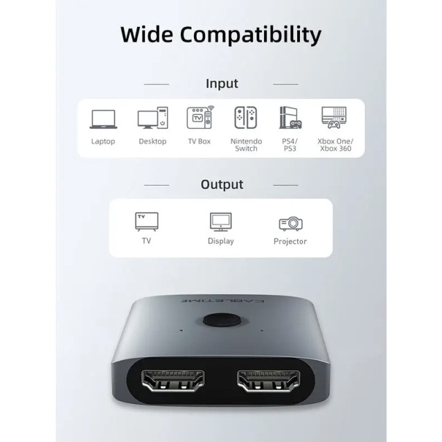 CABLETIME HDMI switch CT-HS4K-2G, 2 σε 1, 4K/60Hz, bidirectional, γκρι