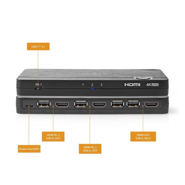 Μετατροπέας / Switch από 2x HDMI + 1x USB-C θηλ. + 2x USB- A θηλ σε 1x HDMI + 2x USB- A θηλ.