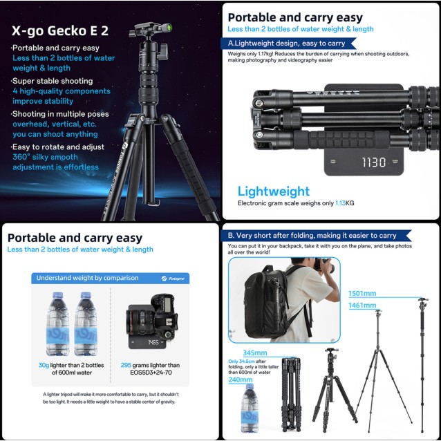 FOTOPRO τρίποδο φωτογράφισης X-go Gecko E2, πτυσσόμενο έως 146.1cm, έως 8kg, μαύρο