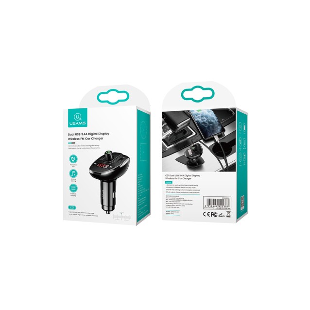 USAMS FM transmitter με οθόνη US-CC115, 2x USB, SD card, 3.4A, μαύρο
