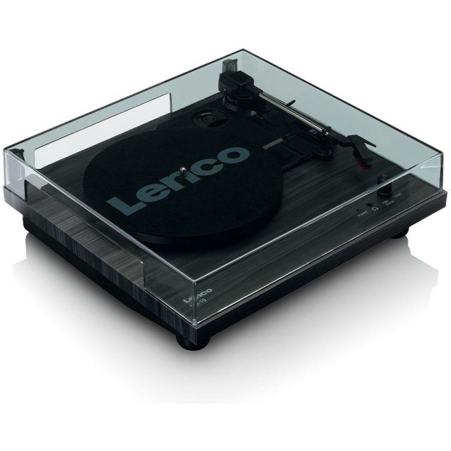 LENCO LS-10BK Πικάπ με ενσωματωμένα ηχεία 6W και καπάκι, σε μαύρο χρώμα.