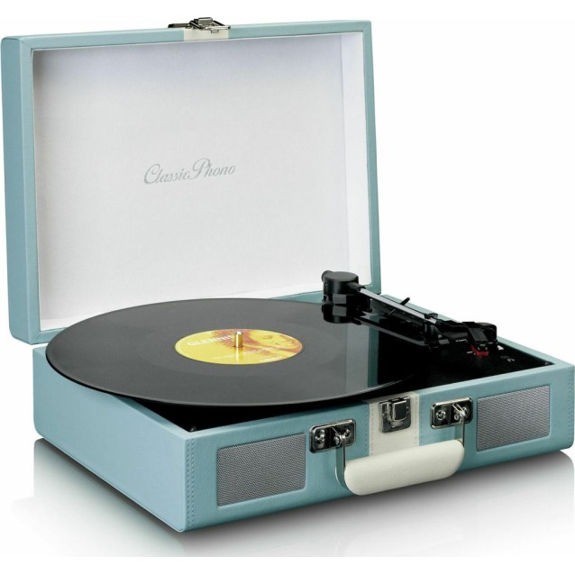 LENCO CLASSIC PHONO TT-110BUWH Πικάπ με Bluetooth, ενσωματωμένα ηχεία 3W και βαλίτσα μεταφοράς, σε γαλάζιο / λευκό χρώμα.