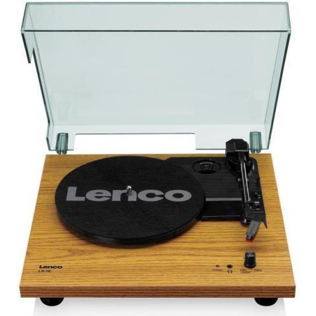 LENCO LS-10WD Πικάπ με ενσωματωμένα ηχεία 6W και καπάκι, σε καφέ χρώμα.