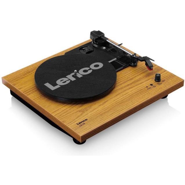 LENCO LS-10WD Πικάπ με ενσωματωμένα ηχεία 6W και καπάκι, σε καφέ χρώμα.
