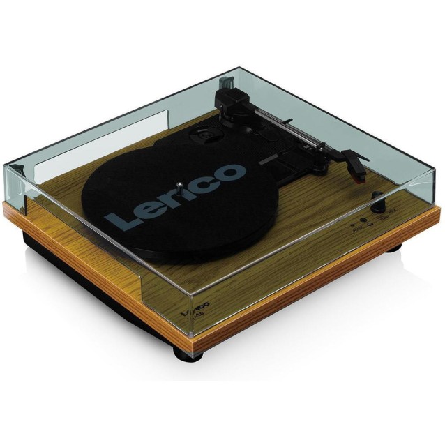 LENCO LS-10WD Πικάπ με ενσωματωμένα ηχεία 6W και καπάκι, σε καφέ χρώμα.
