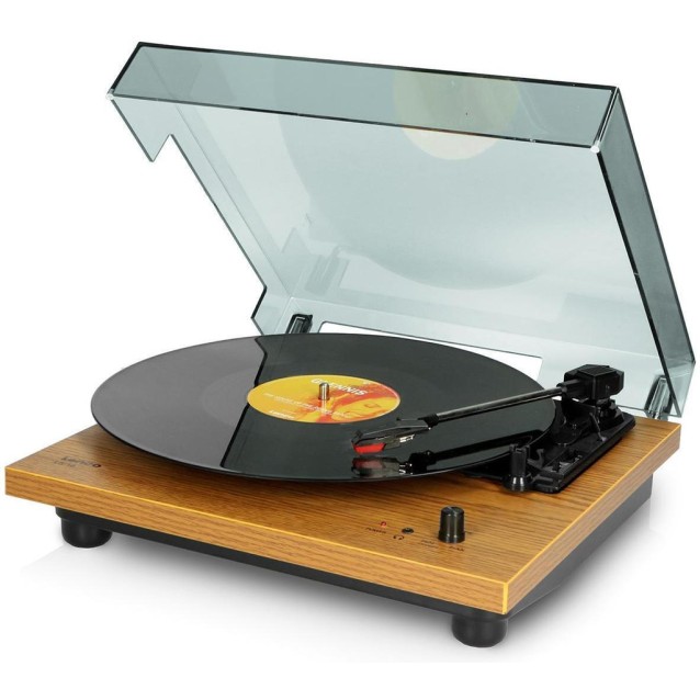 LENCO LS-10WD Πικάπ με ενσωματωμένα ηχεία 6W και καπάκι, σε καφέ χρώμα.