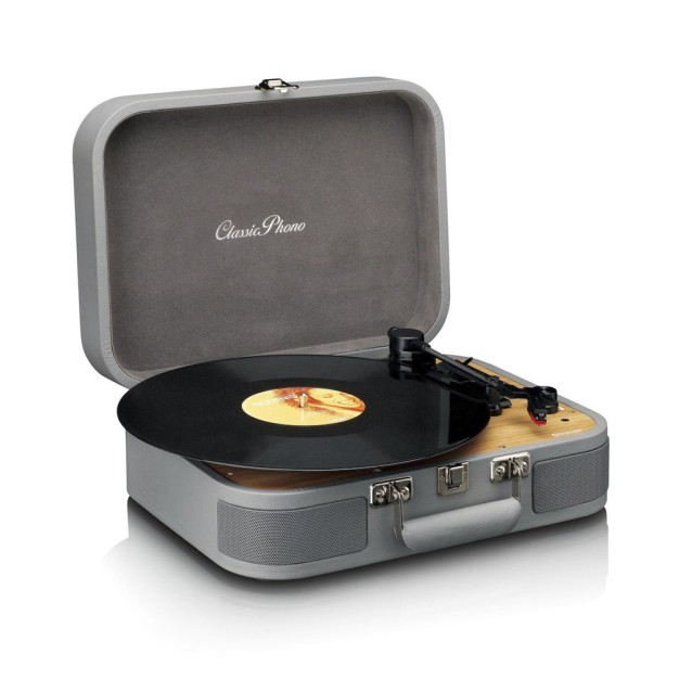 LENCO CLASSIC PHONO TT-116GY Πικάπ με ενσωματωμένα ηχεία 3W, Bluetooth, βαλίτσα μεταφοράς και λειτουργία μετατροπής MP3 σε γκρι χρώμα.