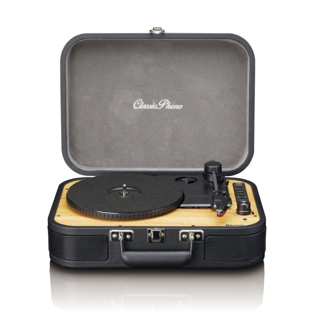 LENCO CLASSIC PHONO TT-116BK Πικάπ με ενσωματωμένα ηχεία 3W, Bluetooth, βαλίτσα μεταφοράς και λειτουργία μετατροπής MP3 σε μαύρο χρώμα.