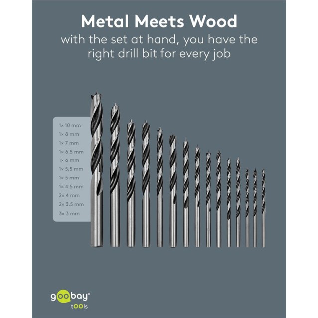 GOOBAY σετ τρυπάνια 77847 για ξύλο, χάλυβας άνθρακα, 3–10mm, κυλινδρικό, 15τμχ