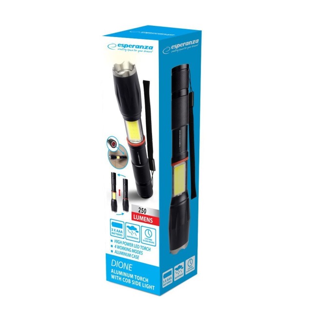 ESPERANZA φορητός φακός LED EOT070, 250lm, IPX3, zoom, με μαγνήτη, μαύρος