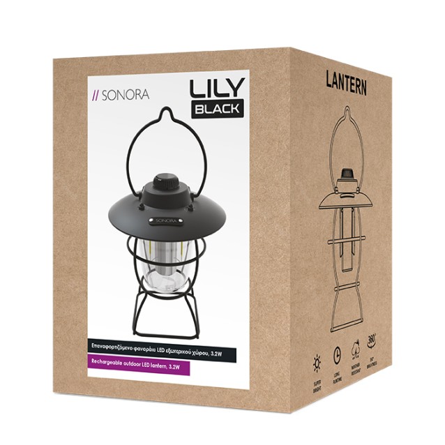 SONORA LILY BLACK Επαναφορτιζόμενο φαναράκι LED εξωτερικού χώρου, 3.2W