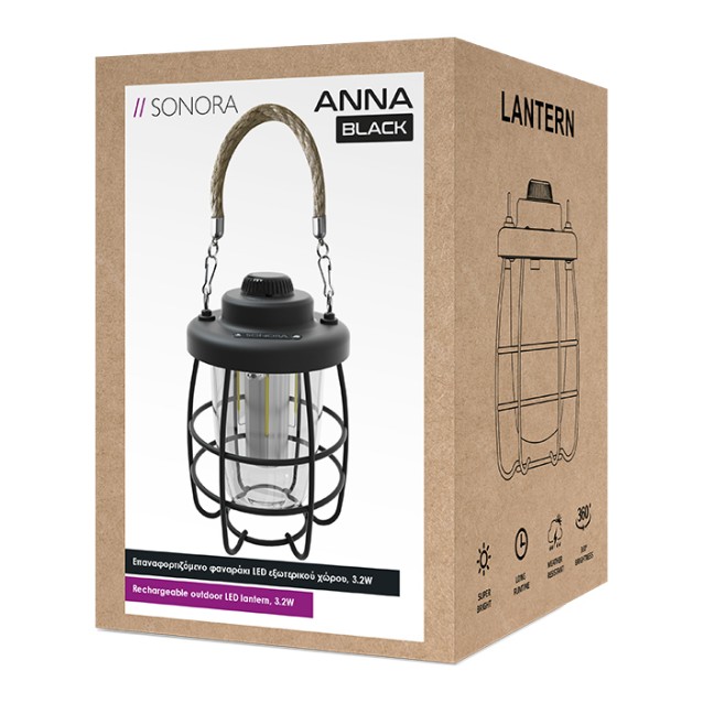SONORA ANNA BLACK Επαναφορτιζόμενο φαναράκι LED εξωτερικού χώρου, 3.2W.