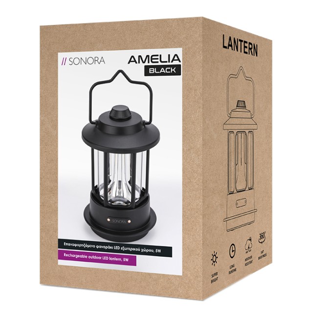 SONORA AMELIA BLACK Επαναφορτιζόμενο φαναράκι LED εξωτερικού χώρου, 5W