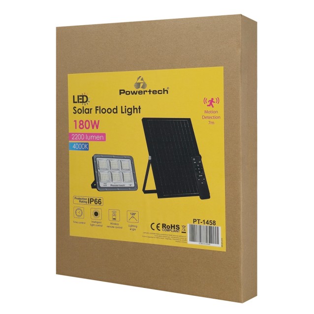 POWERTECH LED ηλιακός προβολέας PT-1458 με τηλεχειριστήριο, αισθητήρας κίνησης, 180W, 4000K, 2000lm, IP66