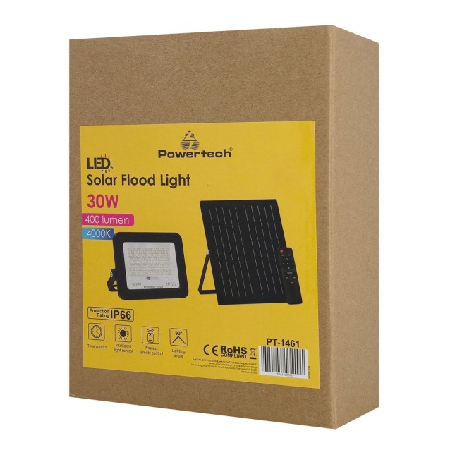 POWERTECH LED ηλιακός προβολέας PT-1461 με τηλεχειριστήριο, 30W, 4000K, 400lm, IP66