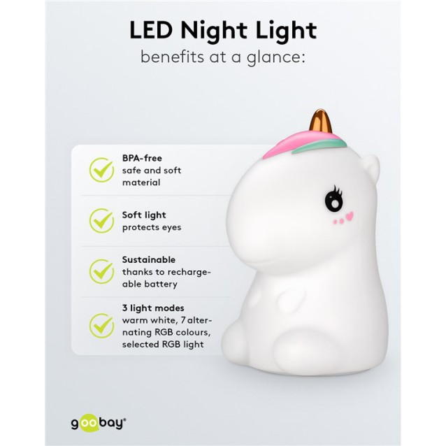 GOOBAY LED φωτιστικό νυκτός μονόκερος 61649, RGB, επαναφορτιζόμενο, λευκό