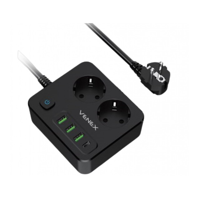 ΠΟΛΥΠΡΙΖΟ ΣΟΥΚΟ VENEX - 2 ΘΕΣΕΙΣ ΣΟΥΚΟ - 3 ΘΥΡΕΣ USB A - 1 ΘΥΡΑ USB-C 30W (HB4U2E-C)