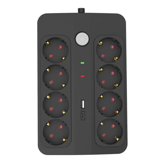 POWERTECH πολύπριζο ασφαλείας PT-1535, 8 θέσεων, με USB & USB-C θύρες, 16A, 1.5m, μαύρο