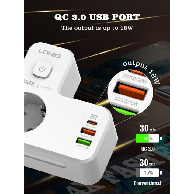 SE2337 ΣΤΑΥΡΟΣ ΣΟΥΚΟ ΜΕ ΔΙΑΚΟΠΤΗ 3xUSB & ΦΩΤΙΣΤΙΚΟ ΝΥΚΤΟΣ LDNIO